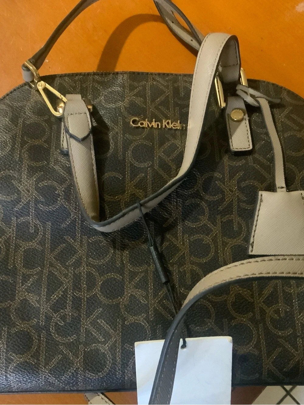 Calvin Klein Brown Logo Dome Satchel with Tan Accents
